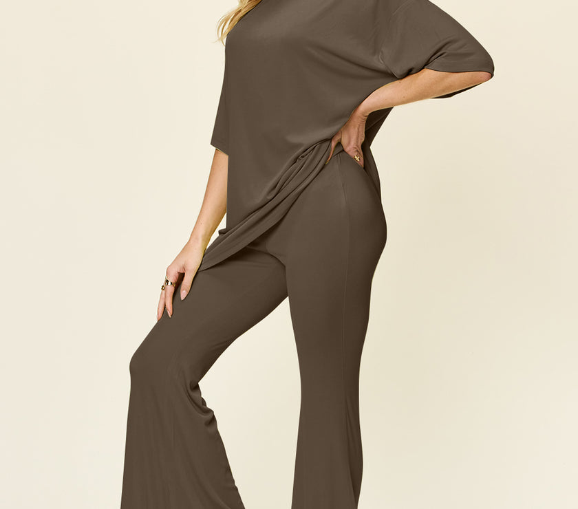 Double Take Full Size Round Neck Drop Shoulder T-Shirt and Flare Pants Set