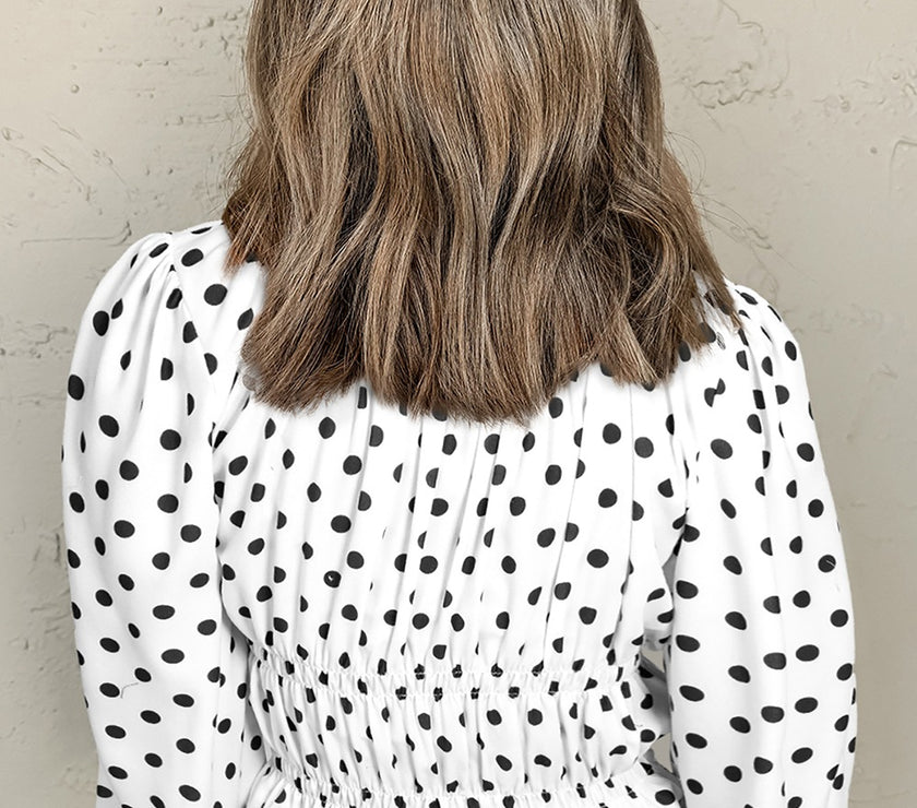 Bow Polka Dot Square Neck Long Sleeve Blouse