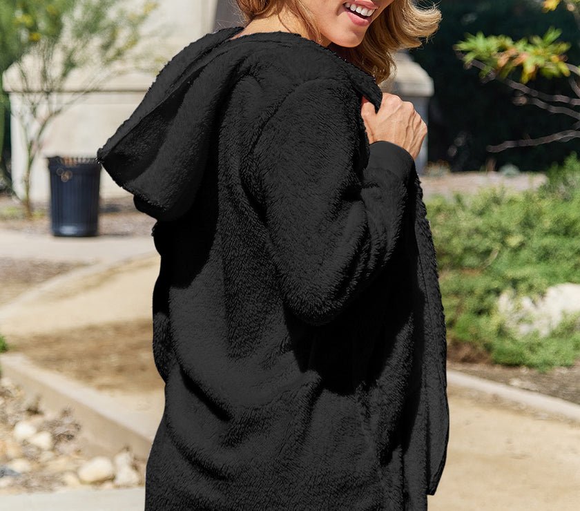 Full Size Teddy Hooded Jacket with Pockets