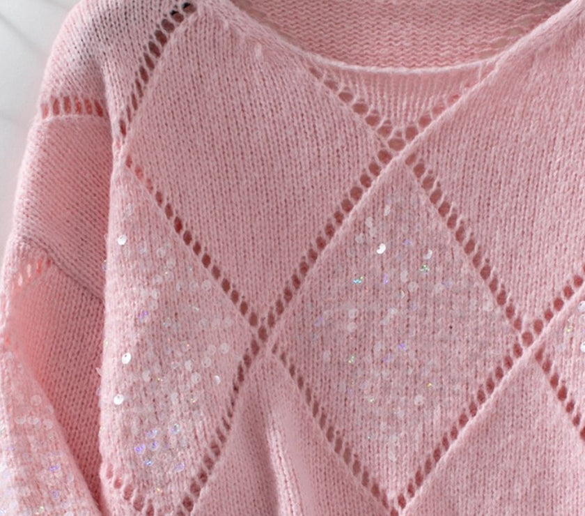 Openwork Round Neck Long Sleeve Knit Top