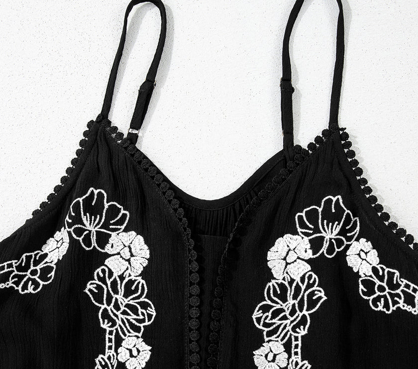 Black Floral Embroidery Ruffled Spaghetti Straps Tank Top