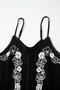 Black Floral Embroidery Ruffled Spaghetti Straps Tank Top
