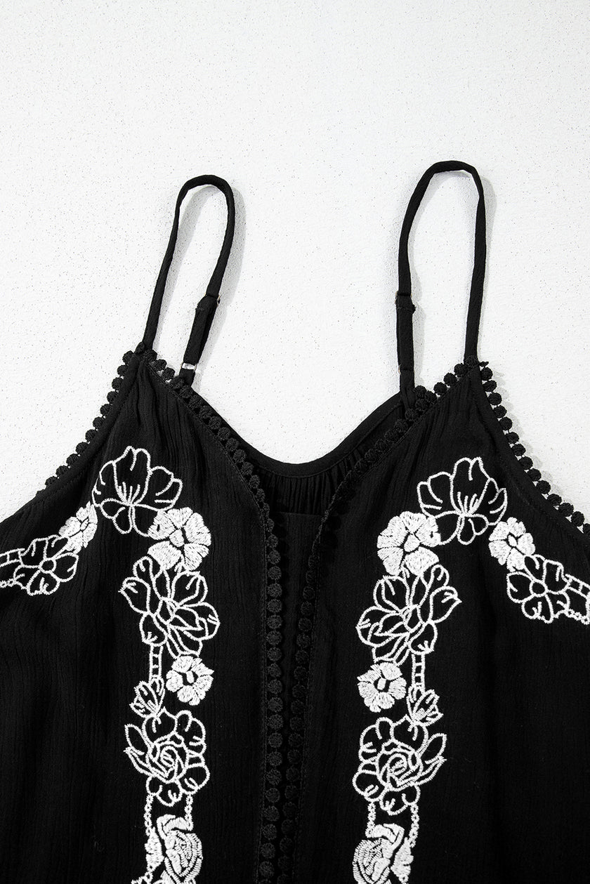 Black Floral Embroidery Ruffled Spaghetti Straps Tank Top