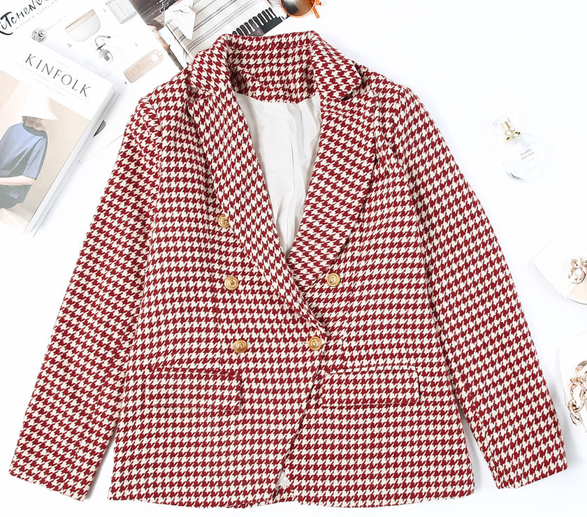 Houndstooth Collared Neck Double-Breasted Blazer