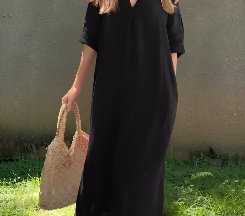 Full Size Notched Half Sleeve Midi Dress