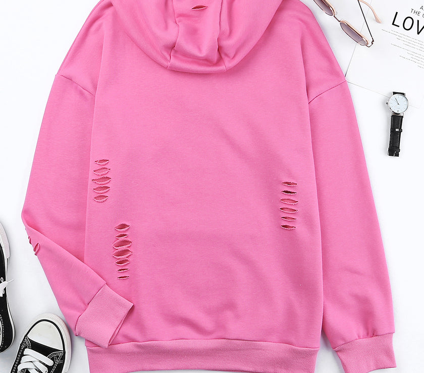 Distressed Drawstring Long Sleeve Hoodie