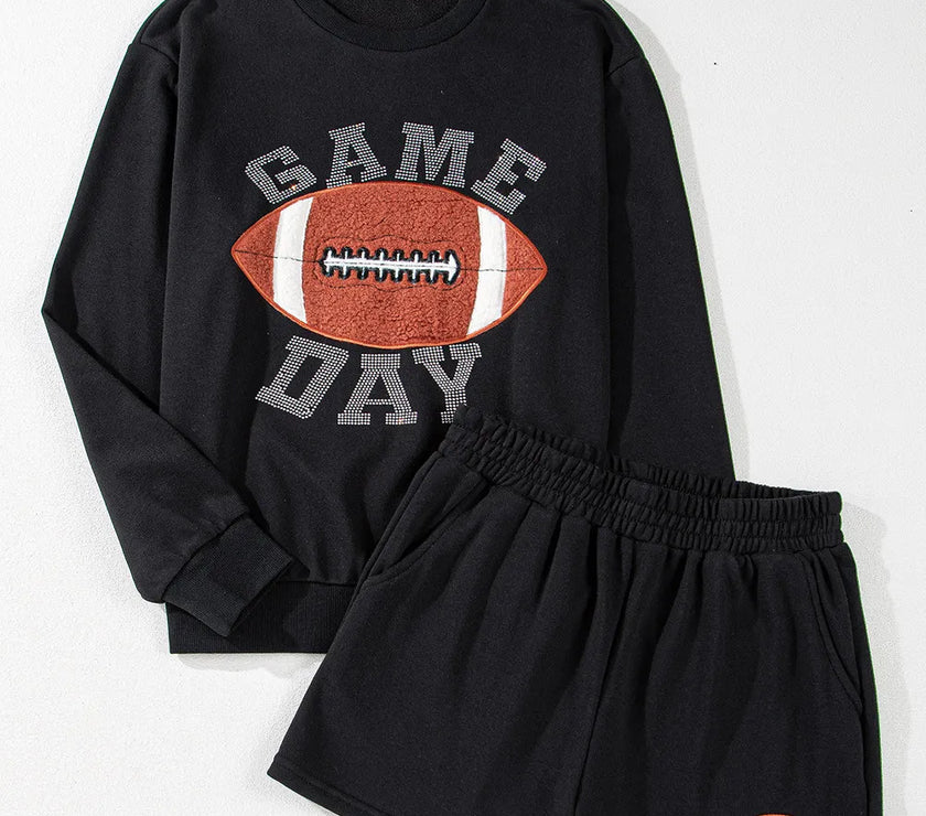 GAME DAY Football Round Neck Long Sleeve Top and Shorts Set
