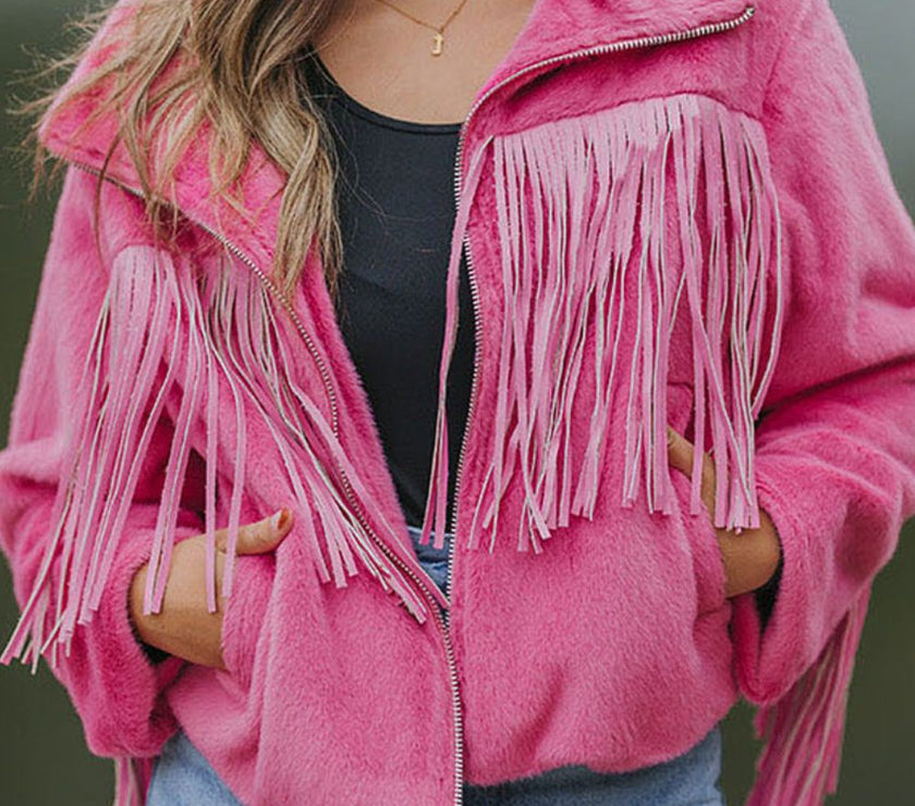 Fringed Zip Up Fleece Jacket