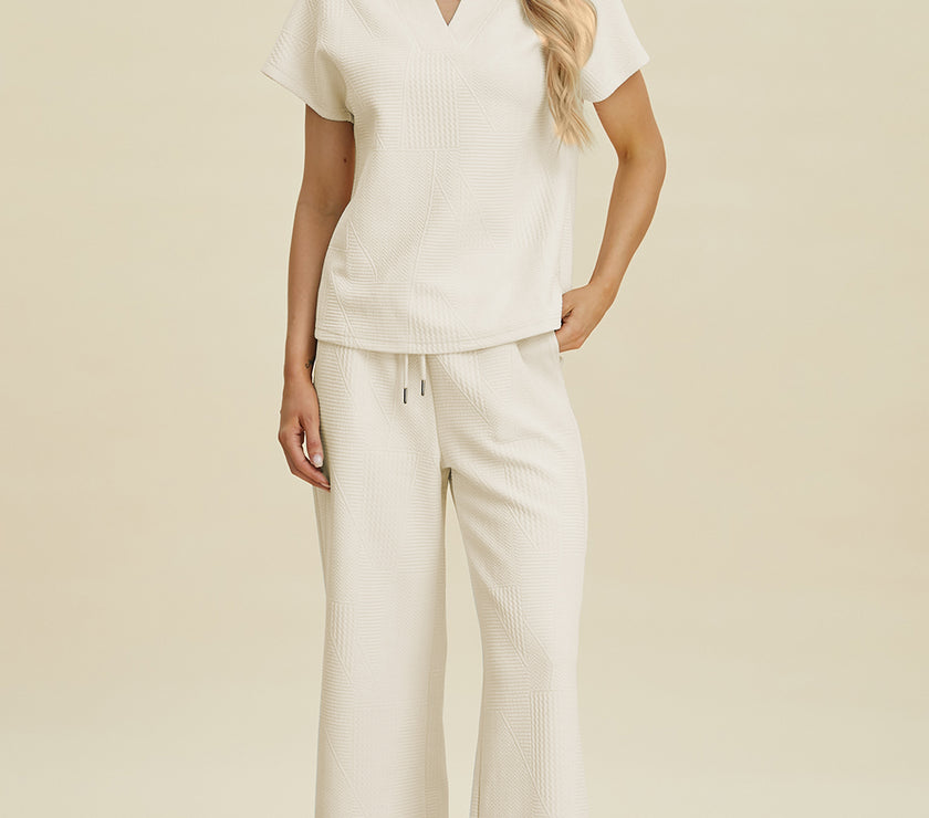 Double Take Full Size Collared Neck Short Sleeve Top and Pants Set