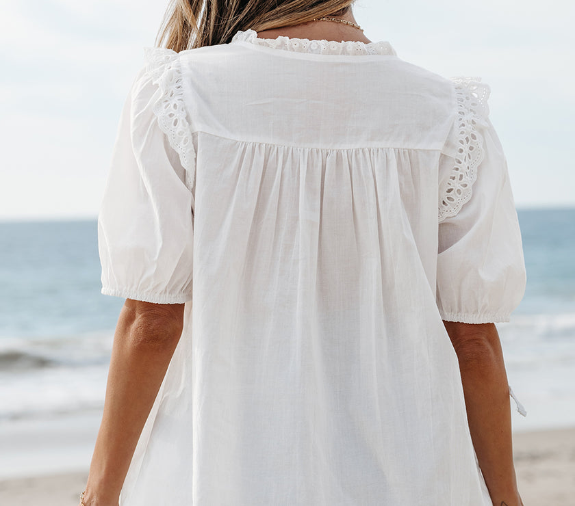 White Embroidered Lace Patchwork Tie Neck Puff Short Sleeve Blouse