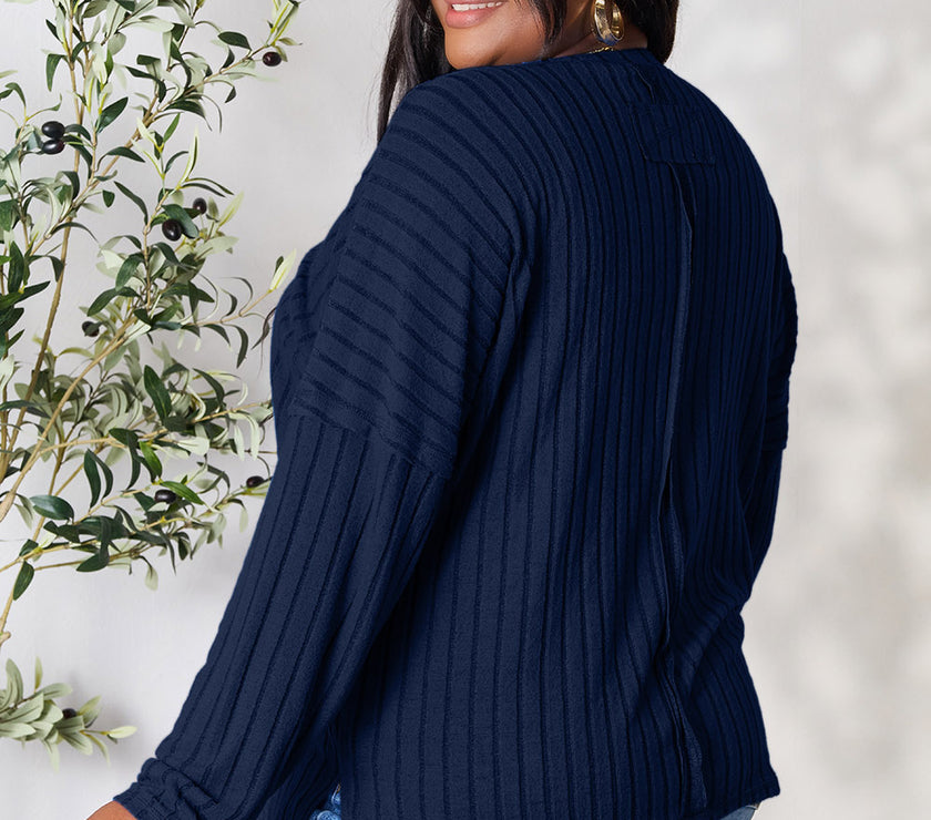 Basic Bae Full Size Ribbed Round Neck Slit Knit Top