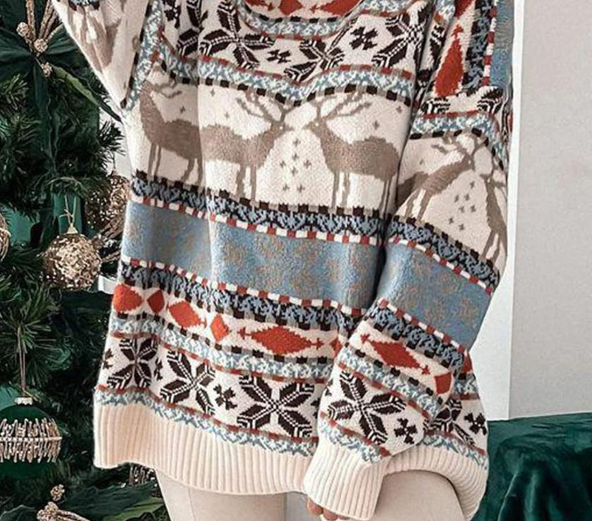 Geometric Round Neck Dropped Shoulder Sweater