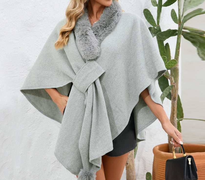 Fuzzy Trim Open Front Poncho