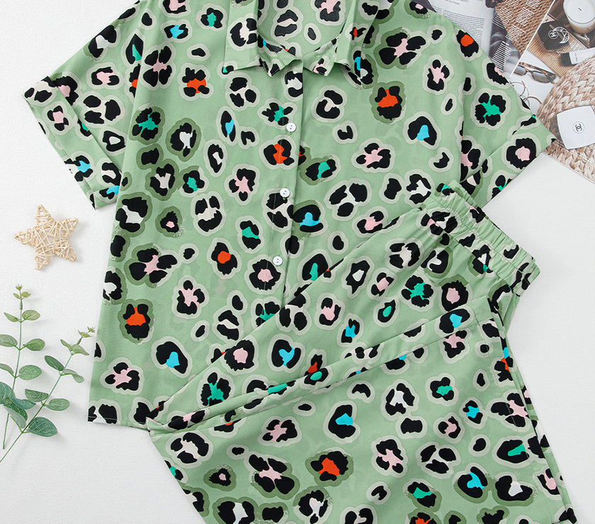 Green Leopard Print Short Sleeve Shirt and Wide Leg Pants Set
