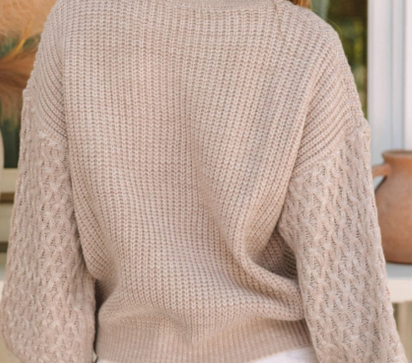 Cable-Knit Round Neck Dropped Shoulder Sweater