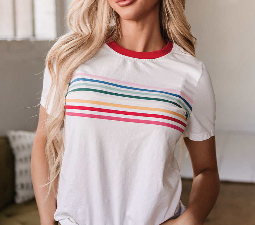 White Rainbow Stripe Print Contrast Crewneck T Shirt