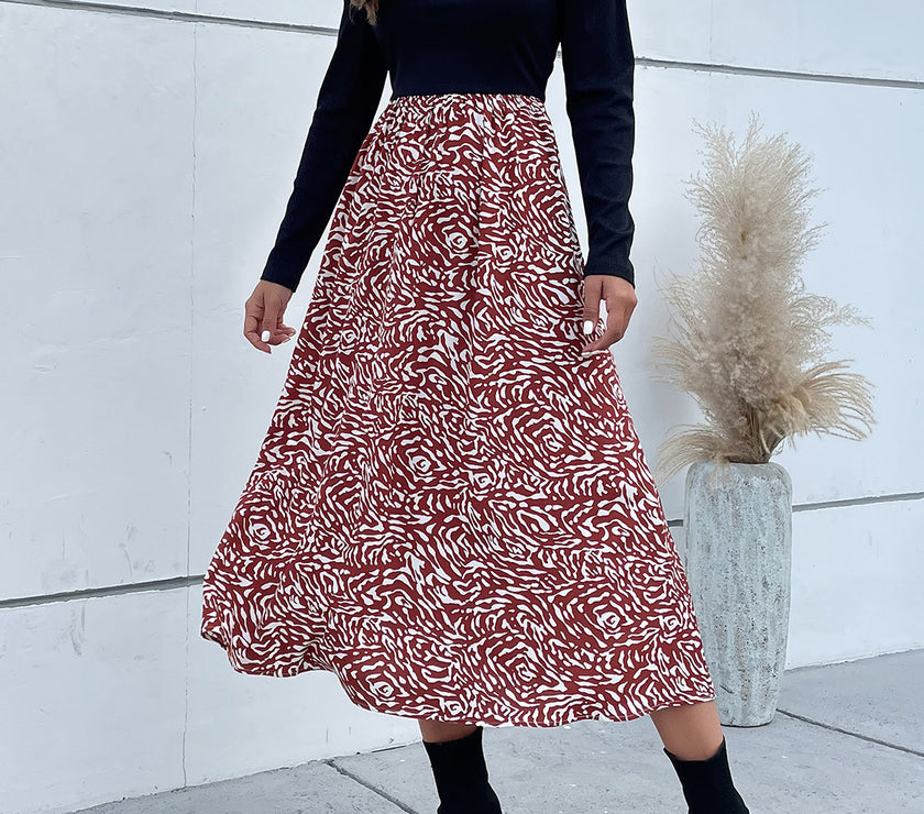 Perfee Printed Mock Neck Puff Sleeve Midi Dress