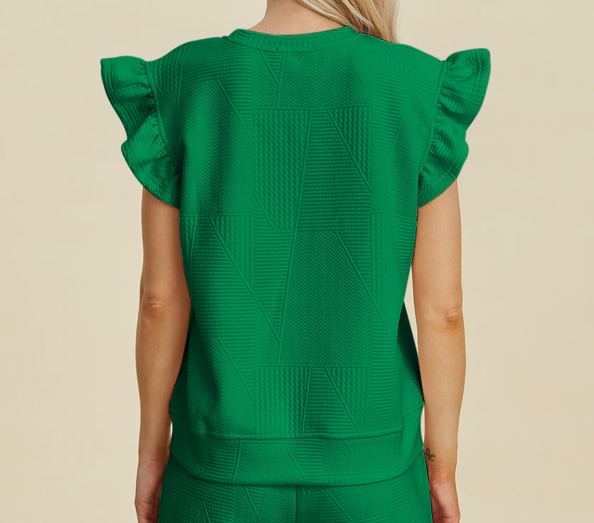 Double Take Full Size Texture Round Neck Ruffle Sleeve Top and Shorts Set