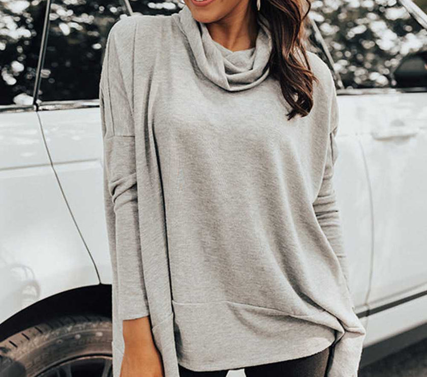Side Slit High-Low Cowl Neck Long Sleeve Blouse