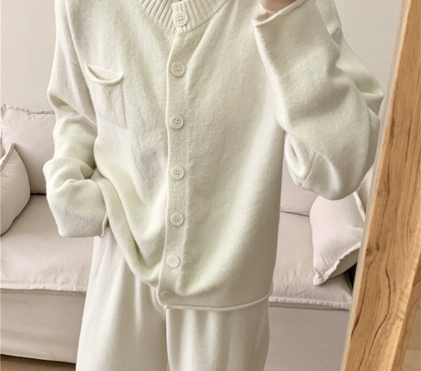 Pocketed Round Neck Button Up Cardigan and Pants Sweater Set