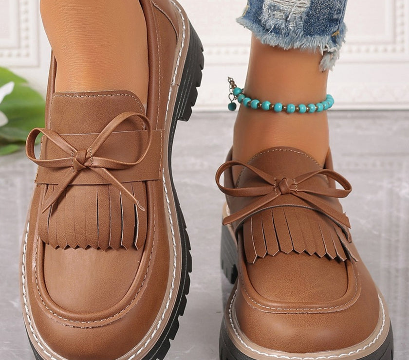 PU Leather Bow Platform Loafers