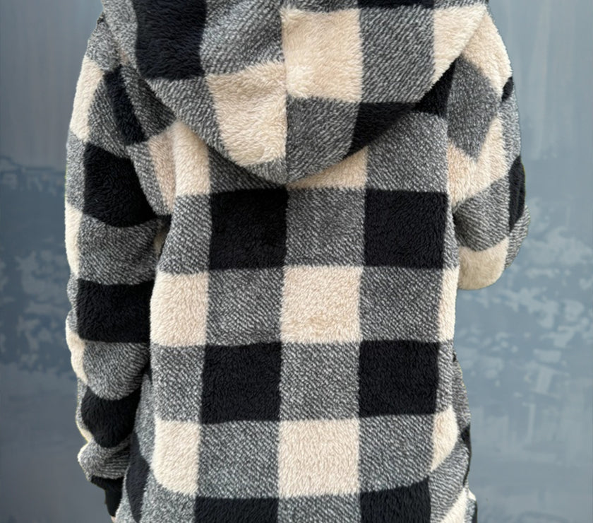 Double Take Full Size Plaid Long Sleeve Hooded Coat