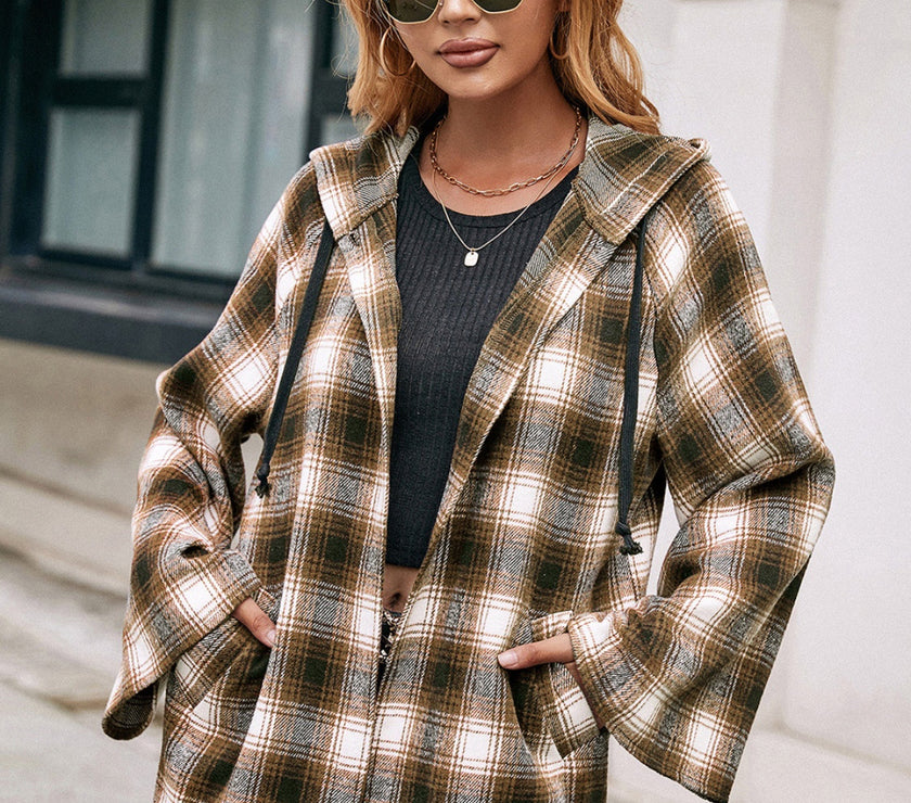 Ivy Lane Pocketed Plaid Long Sleeve Hooded Jacket