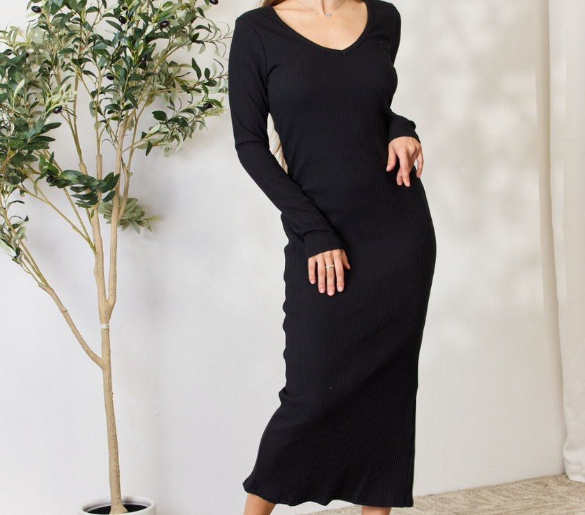 Culture Code Full Size Ribbed Long Sleeve Midi Slit Dress
