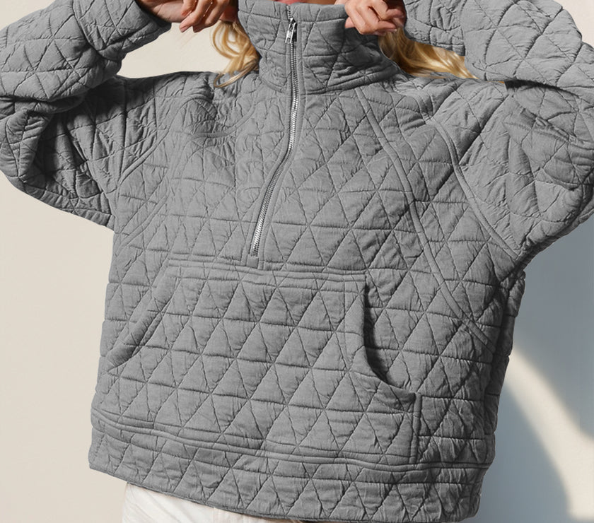 Double Take Half Zip Long Sleeve Quilted Sweatshirt with Pocket