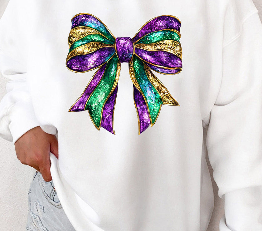 White Mardi Gras Bow Graphic Drop Shoulder Sweatshirt