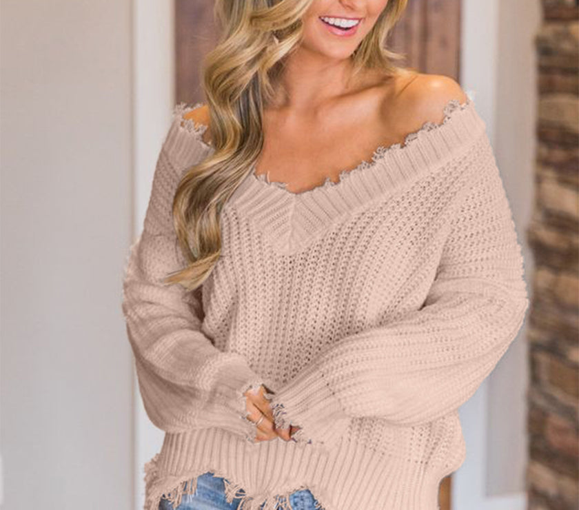 Frayed Hem Dropped Shoulder Sweater