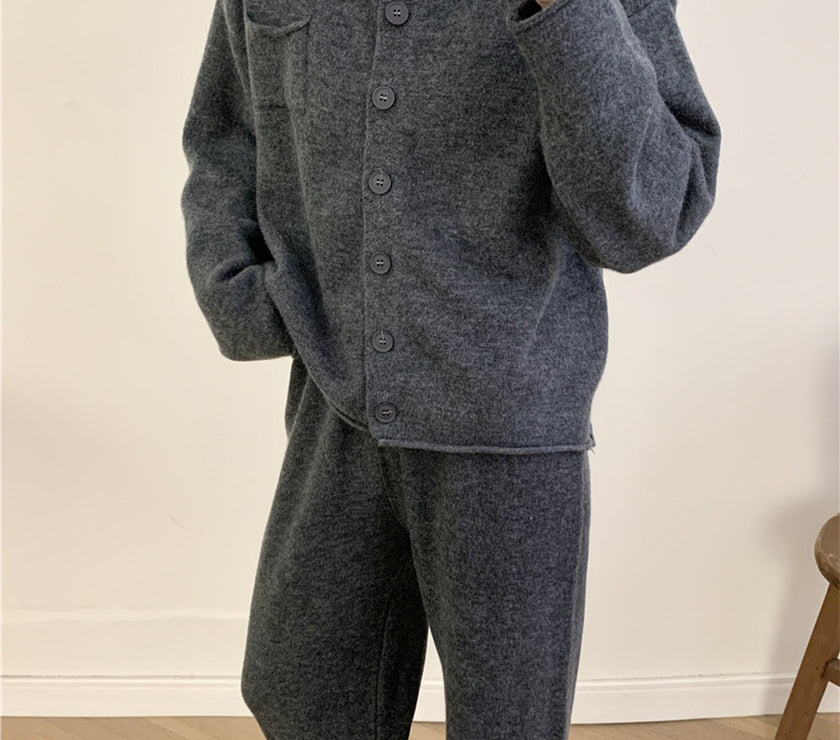 Pocketed Round Neck Button Up Cardigan and Pants Sweater Set