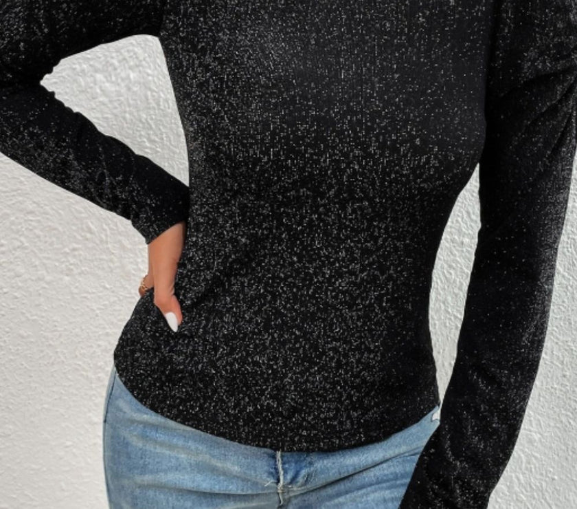 Metallic Round Neck Puff Sleeve Blouse