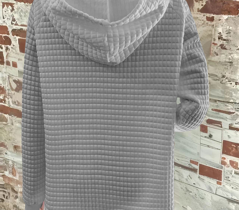 Full Size Texture Button Detail Drawstring Long Sleeve Hoodie