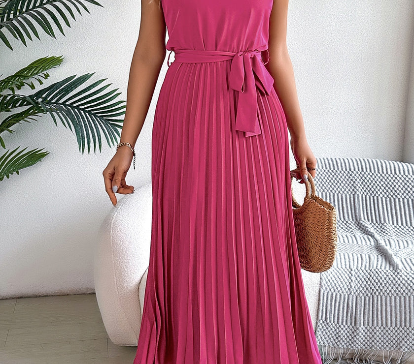 Pleated Tie Waist Sleeveless Midi Dress