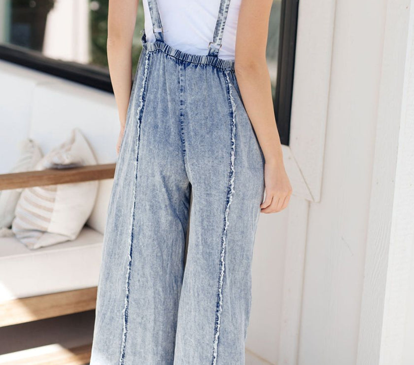 Frayed Exposed Seam Wide Leg Denim Overalls