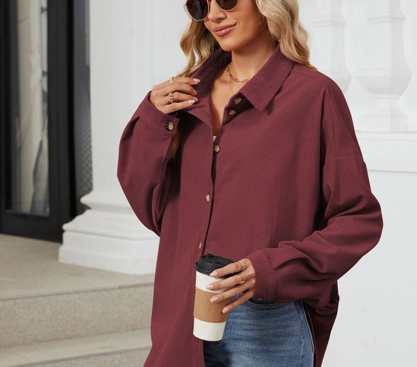 Collared Neck Long Sleeve Dropped Shoulder Shirt