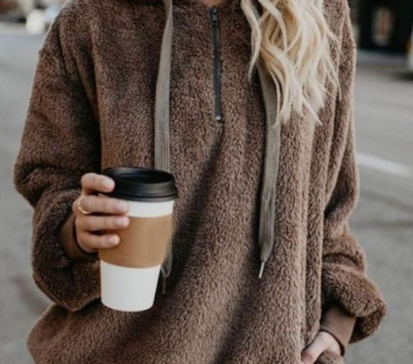 Full Size Quarter-Zip Drawstring Teddy Hoodie