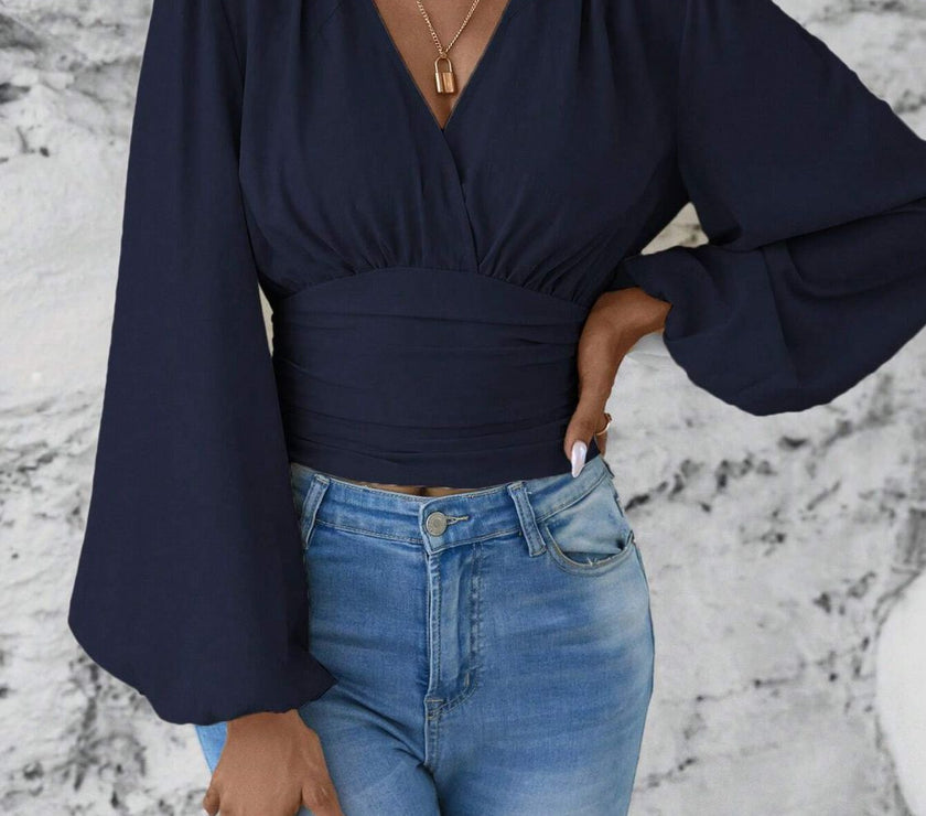 Smocked Surplice Balloon Sleeve Top