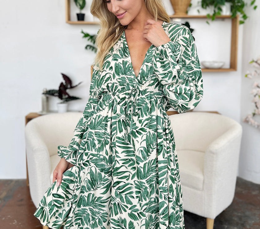 Double Take Full Size Printed Ruched Balloon Sleeve Dress