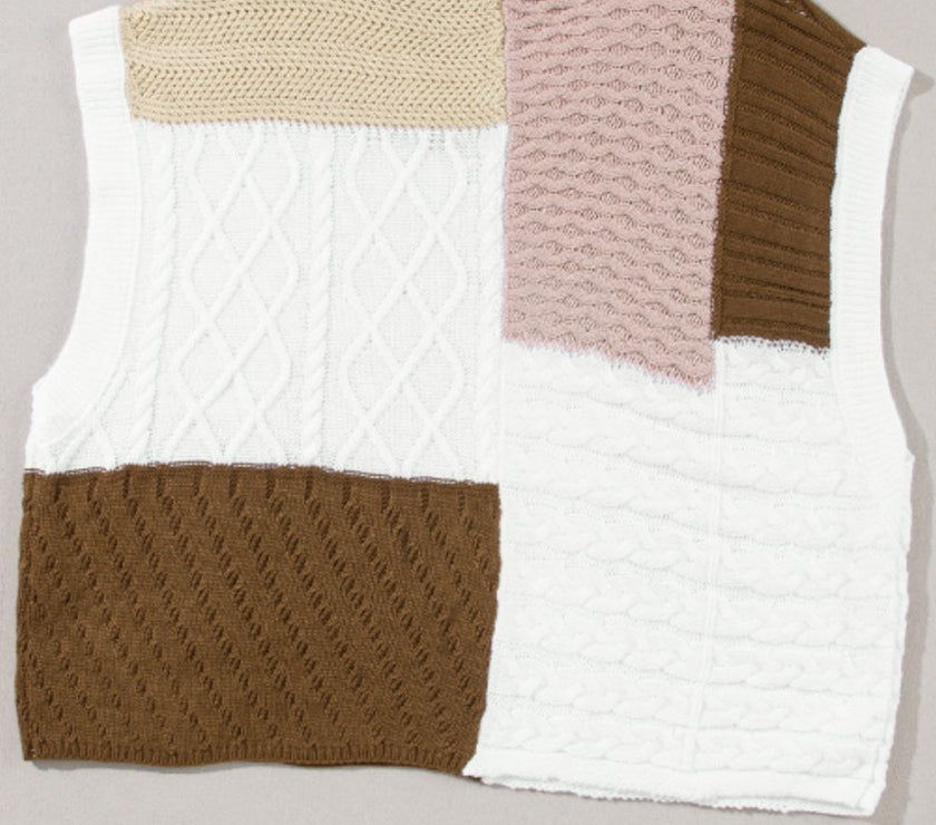 Cable-Knit Color Block Round Neck Sweater Vest