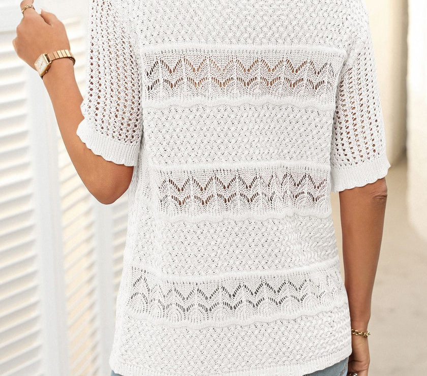 Mandy Openwork Round Neck Half Sleeve Knit Top