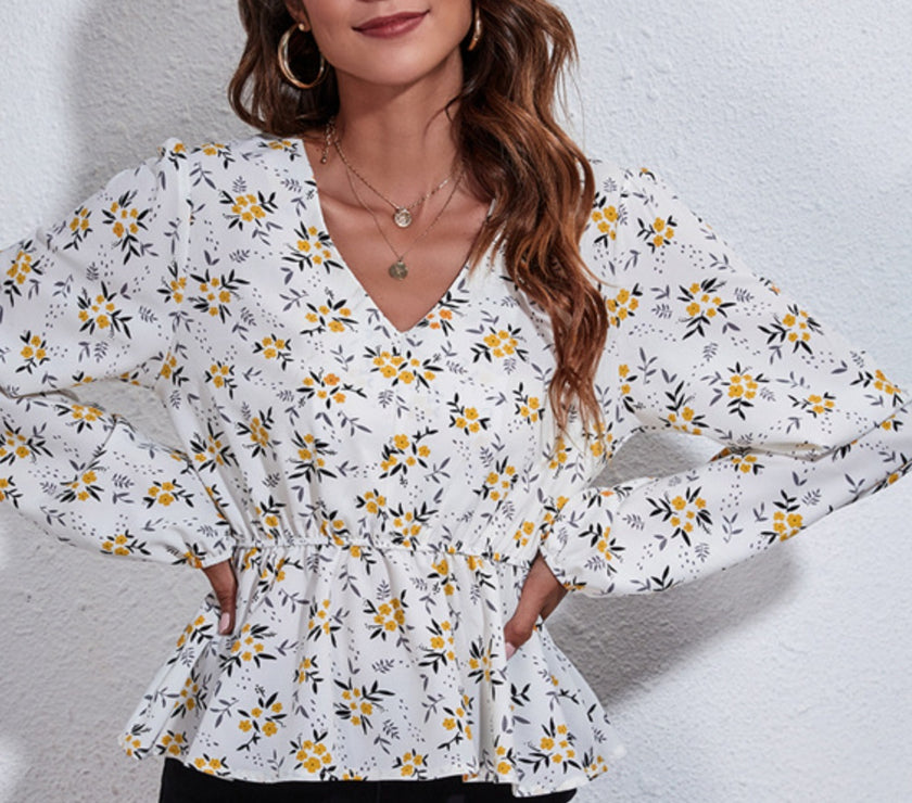 Ruched Printed V-Neck Long Sleeve Blouse