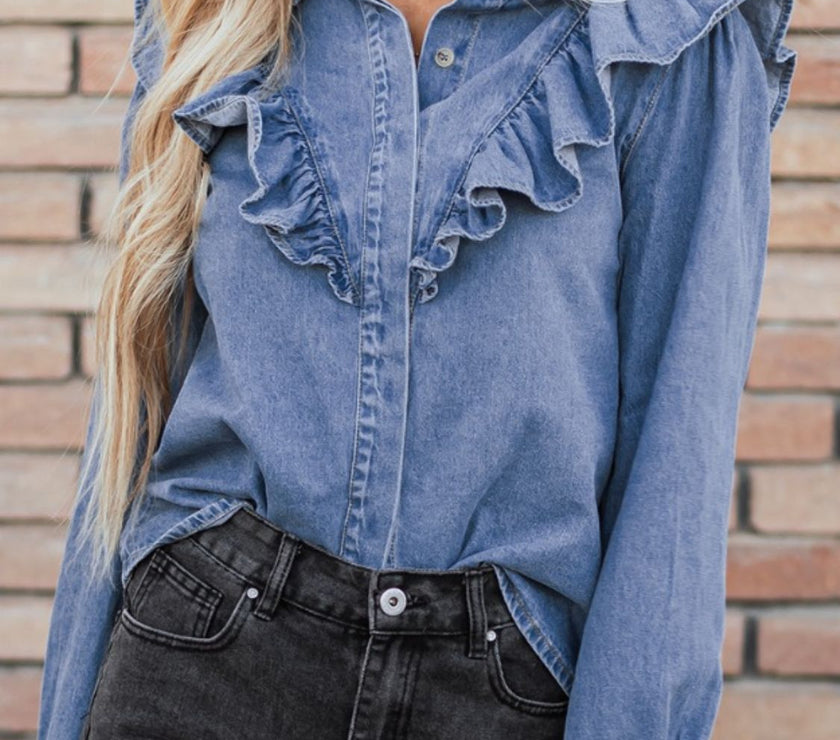 Ruffled Collared Neck Long Sleeve Denim Top