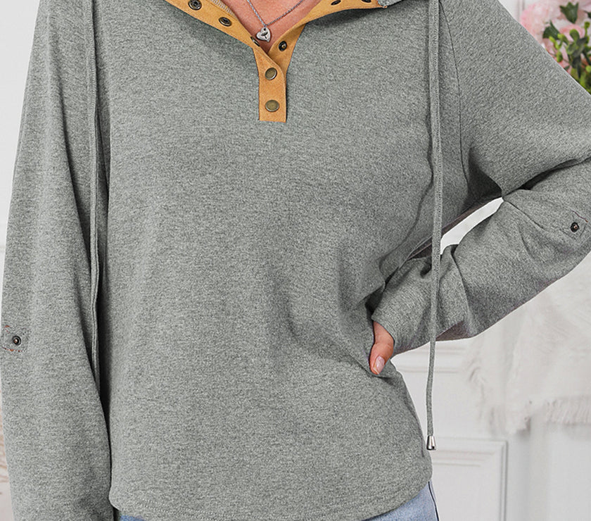 Drawstring Quarter Snap Long Sleeve Hoodie