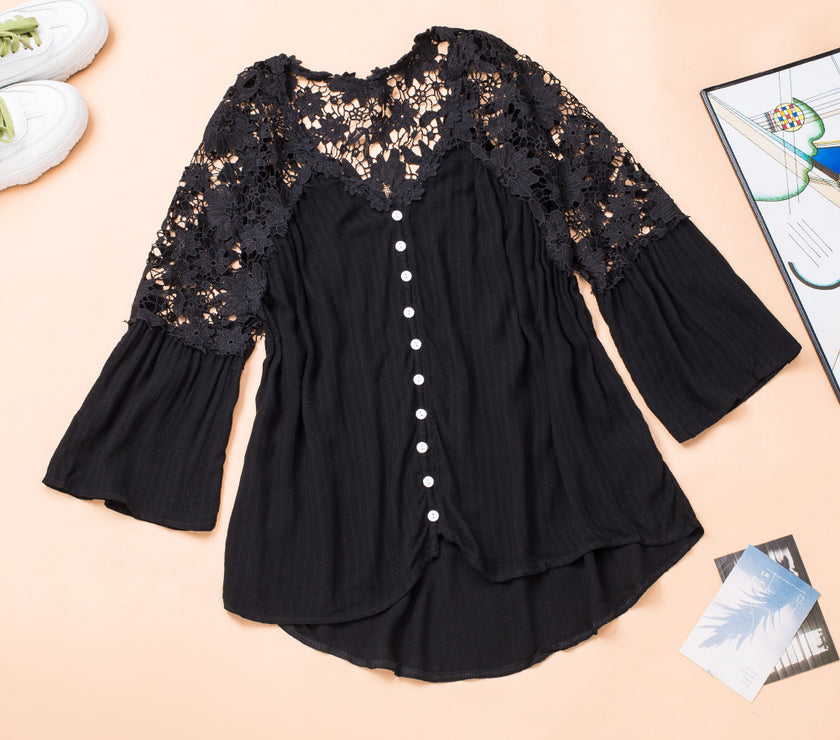 Cutout V-Neck Three-Quarter Sleeve Top