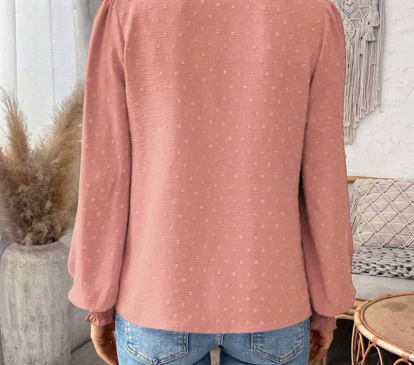 Swiss Dot Lace Detail Notched Long Sleeve Blouse