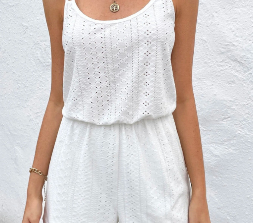 Eyelet Scoop Neck Double Spaghetti Straps Romper