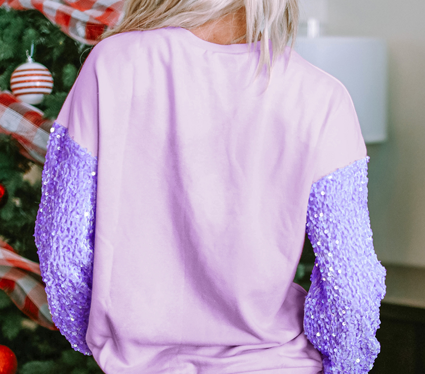 Orchid Petal mardi gras Graphic Sequin Patchwork Long Sleeve Top