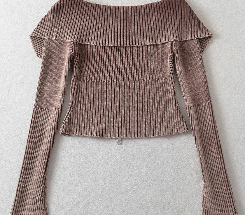 Double Take Ribbed Off-Shoulder Zip Up Long Sleeve Cardigan